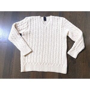 Paul James Made in England 100% Wool Cable Knit V-Neck Sweater L Fisherman Aran